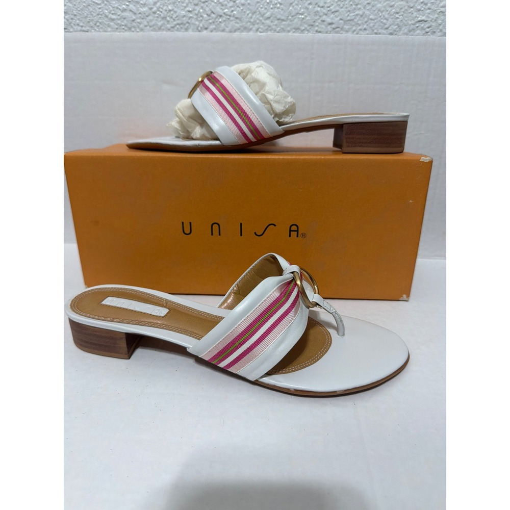Unisa Womens White Leather Thong Sandals Pink Striped Ribbon Gold Ring  8.5 NEW